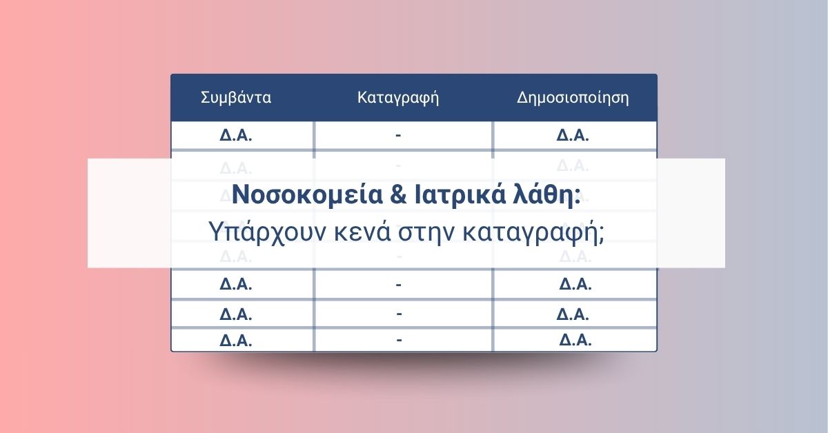 Μινιμαλιστικό infographic με πίνακα και κενά πεδία που υποδηλώνουν έλλειψη επίσημης καταγραφής ιατρικών λαθών