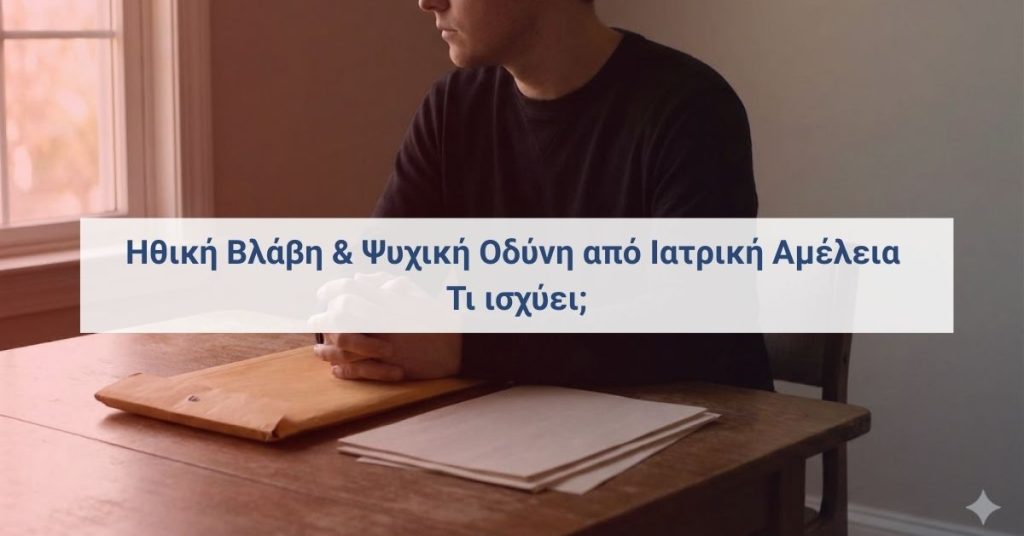 Άτομο σε ήρεμη, σκεπτική στάση με έγγραφα μπροστά του – διερεύνηση ιατρικής αμέλειας και ψυχικής επιβάρυνσης