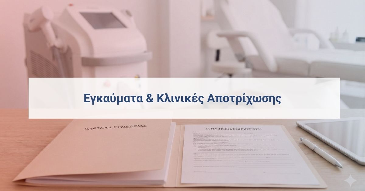 Φάκελος συνεδρίας και έντυπο ενημέρωσης σε χώρο αποτρίχωσης laser/IPL, σχετικό με διερεύνηση περιστατικού εγκαύματος.