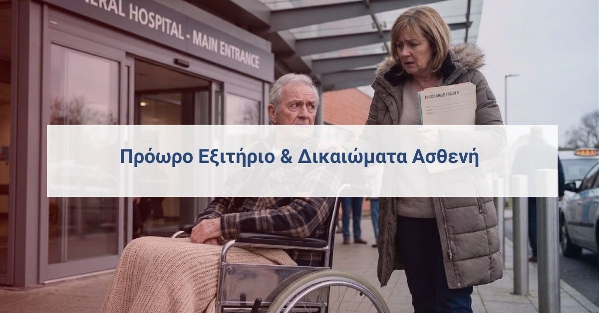 Ηλικιωμένος ασθενής σε αναπηρικό αμαξίδιο φεύγει από νοσοκομείο κοιτάζοντας ανήσυχος, δίπλα σε συγγενή.