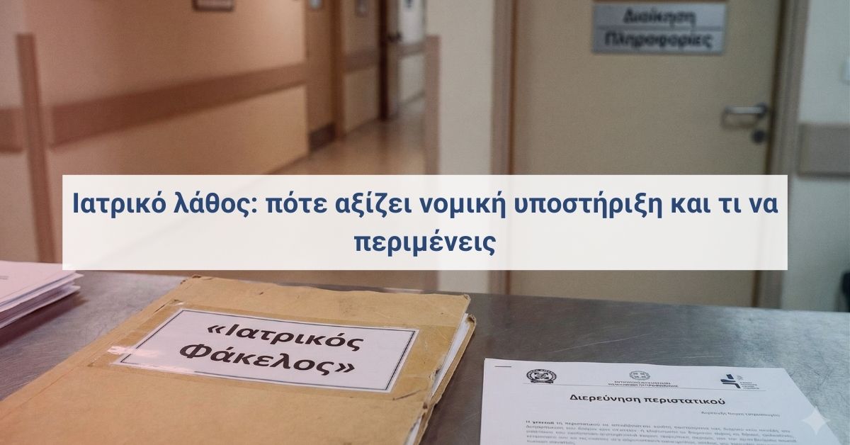 Φάκελος με την ένδειξη “Ιατρικός Φάκελος” σε ουδέτερο χώρο, για άρθρο σχετικά με καταγγελία πιθανoύ ιατρικού λάθους και νομική υποστήριξη.
