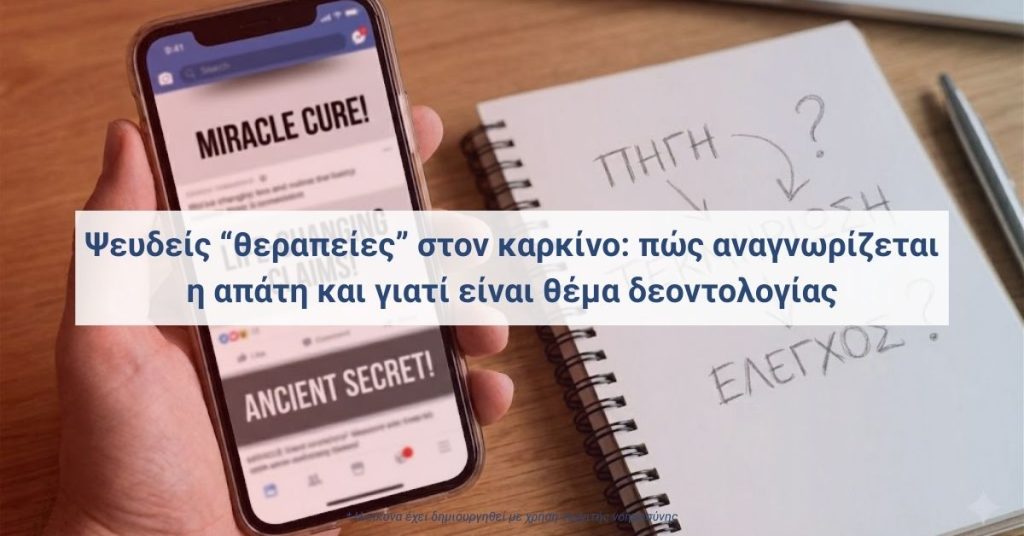 Παραπληροφόρηση για θεραπείες καρκίνου σε κινητό και σημειώσεις επαλήθευσης πηγών.