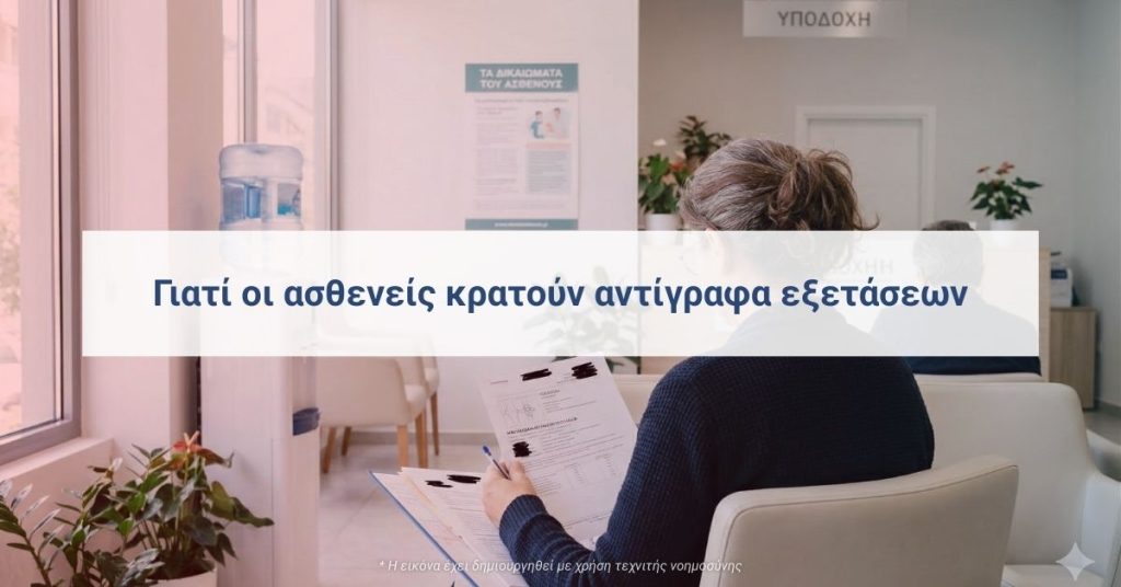 Ασθενής κρατά αντίγραφα εξετάσεων και γνωματεύσεων σε οργανωμένο ιατρικό φάκελο